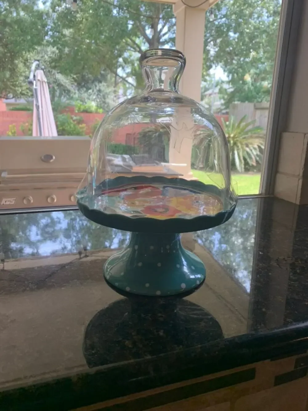 Pioneer Woman Flea Market Mini Cake Stand with Glass Dome Cover Teal Pedestal